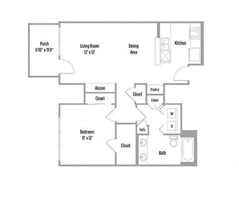 Floor plan for 1 bed, 1 bath, 794 sqft